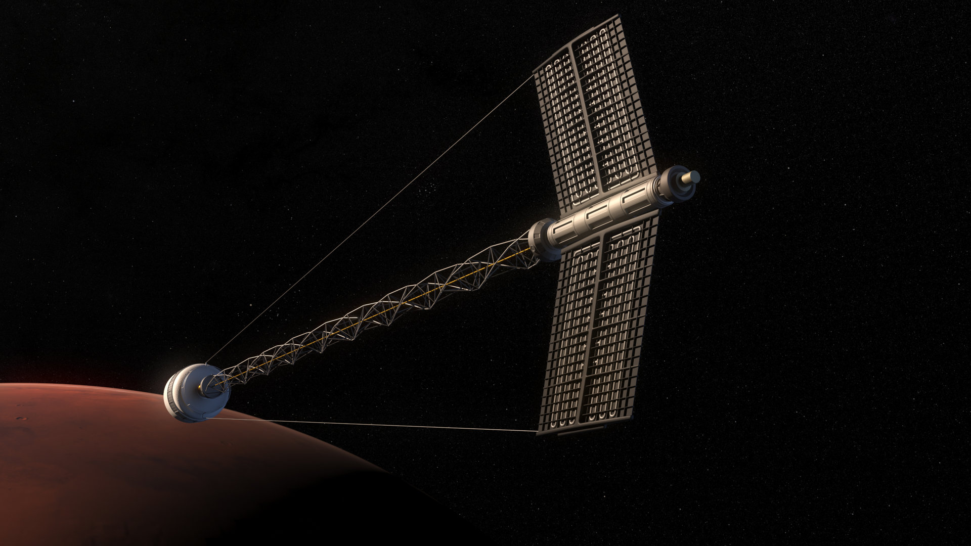 Image of spaceship habitat with reactor orbiting Mars