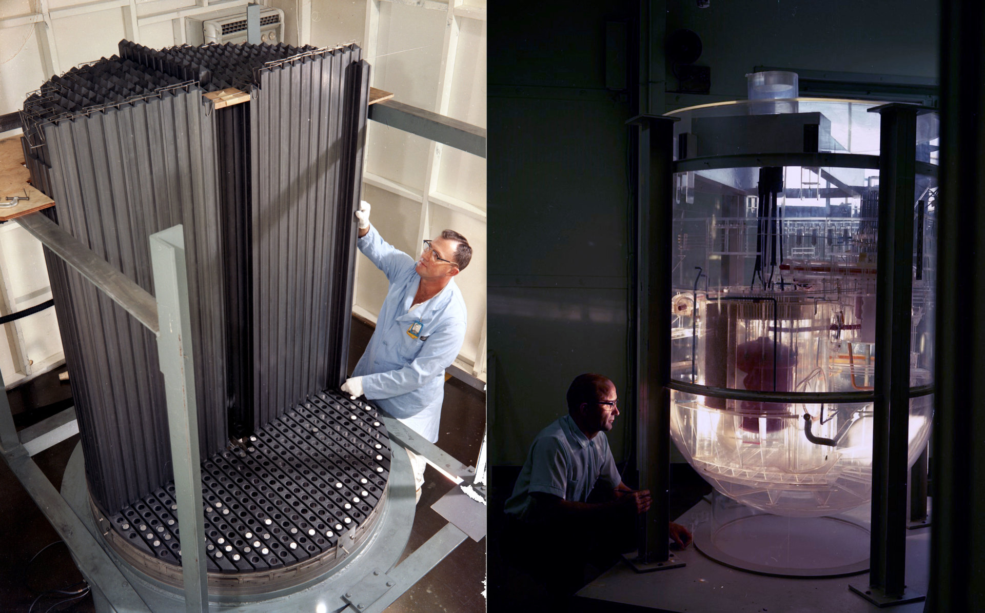 Two images both showing construction and testing of the molten salt reactor experiment