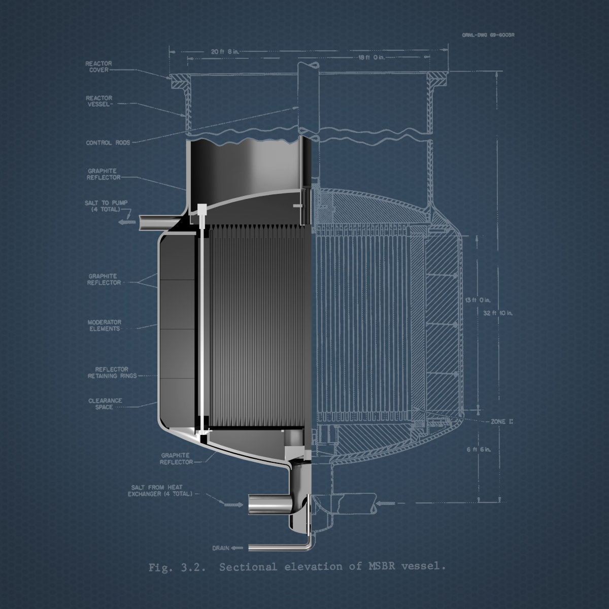 Render of reactor with a blueprint background